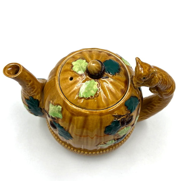 Majolica Pottery Occupied Japan Teapot Acorn Forest Squirrel Handle Ceramic - Picture 15 of 15